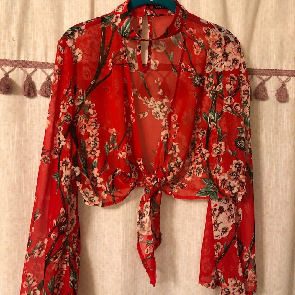 Red sheer floral blouse